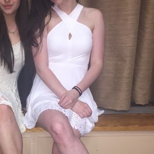 Crossover Halter Dress w/ Lace Trim